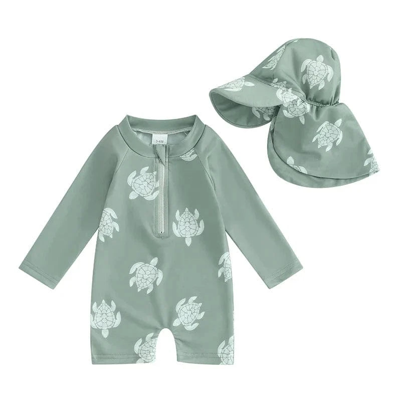 Maillot de bain garçons anti-éruption manches longues, motifs tortue et dinosaure. Bonnet inclus. Protection UV pour plage piscine.