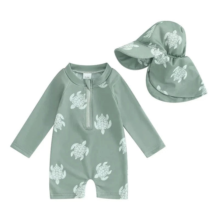 Maillot de bain garçons anti-éruption manches longues, motifs tortue et dinosaure. Bonnet inclus. Protection UV pour plage piscine.