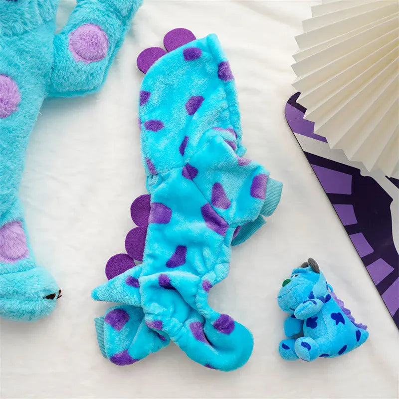 Costume de chat dinosaure bleu en flanelle douce, déguisement chaud et stylé pour animaux en hiver.
