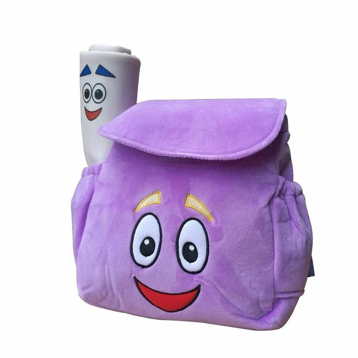 Sac à dos enfant violet avec motifs explorateur et carte. Pratique pour les fournitures d'école.