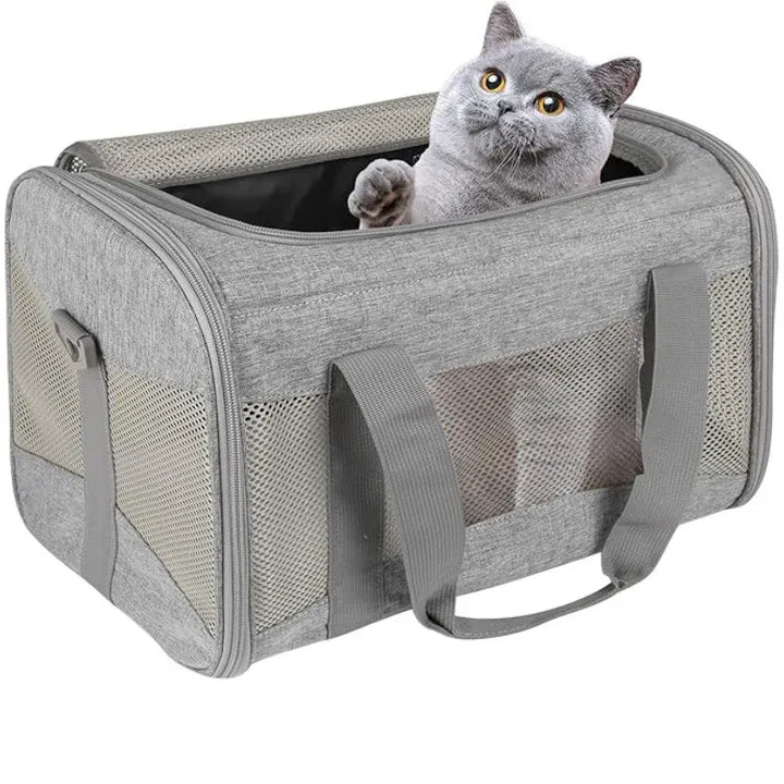 Sac de transport pliable pour animal (chat, petit chien), design moderne, sécurité et confort optimaux pour le voyage.
