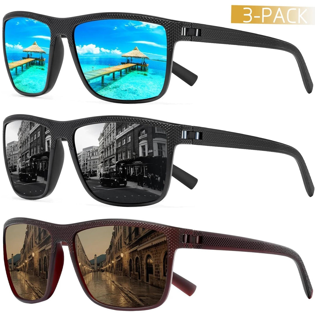 Trois paires de lunettes polarisées UV400 offrant une protection optimale pour le sport, la plage et l'extérieur.