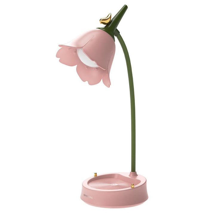 Lampe de table LED fleur versatile, sans fil, tactile, idéale pour bureau, chambre ou salon.
