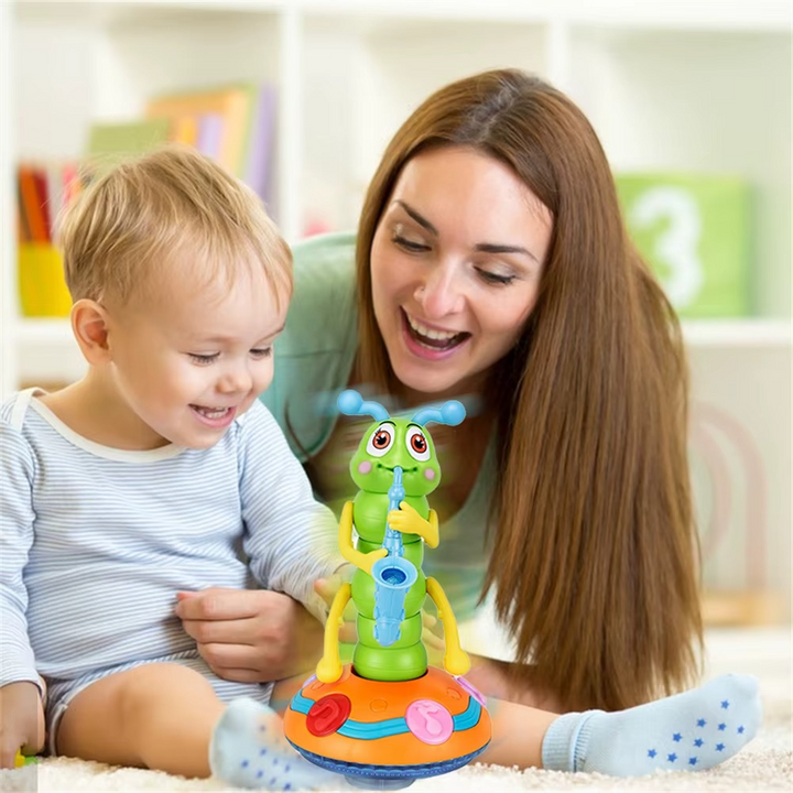Jouet saxophone interactif bleu pour enfant, développant le rythme, la coordination et l'éveil musical.