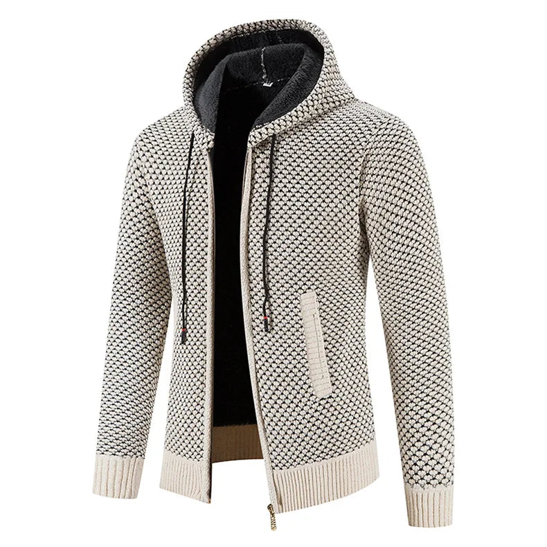 Gilet chaud homme avec capuche et zip, essentiel pour l'hiver. Vêtement confortable et texturé.