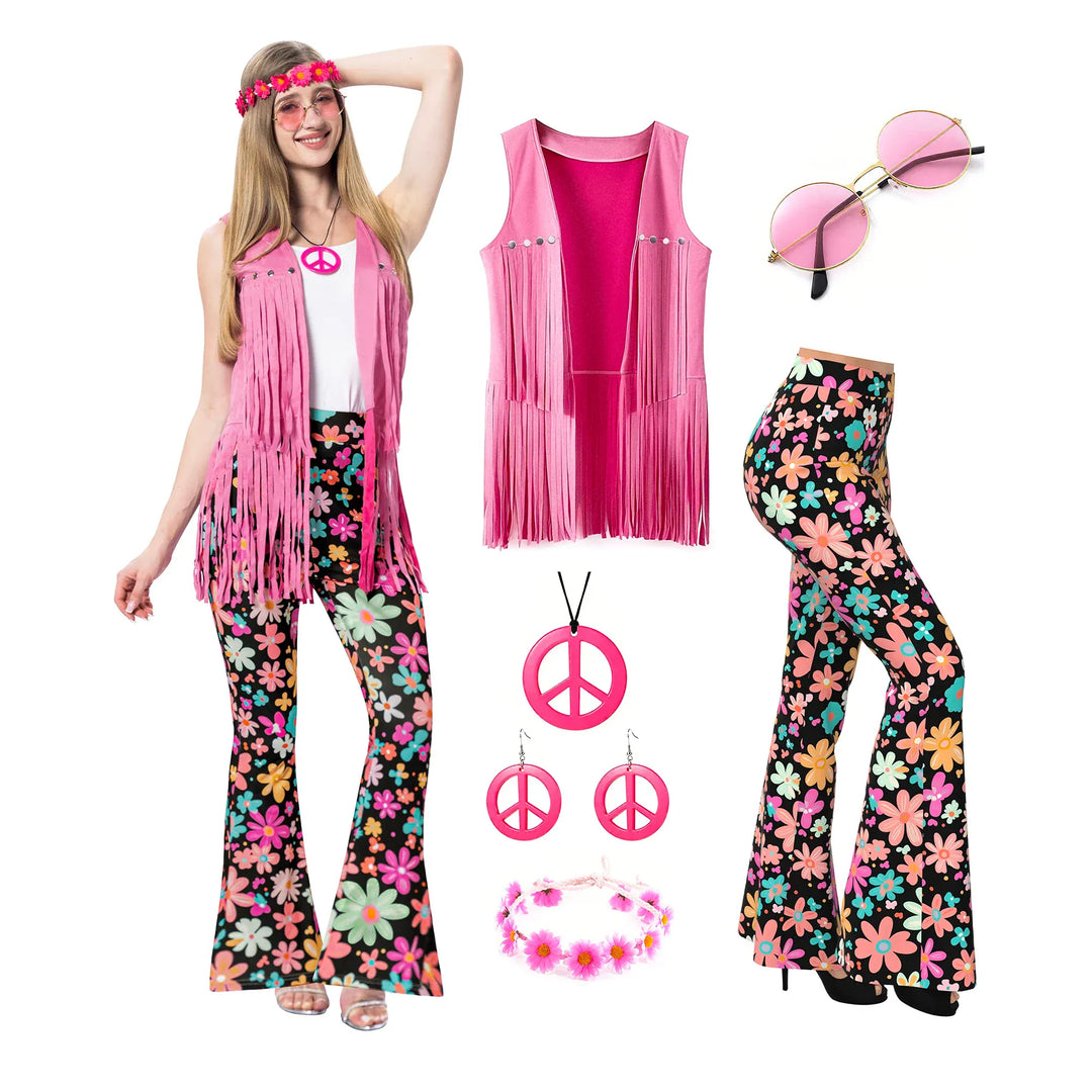 Déguisement hippie femme années 70, robe florale colorée et accessoires rétro pour fête à thème.