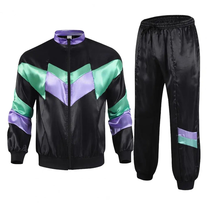 Déguisement survêtement unisexe années 80, veste zippée et pantalon colorblock vintage en polyester.