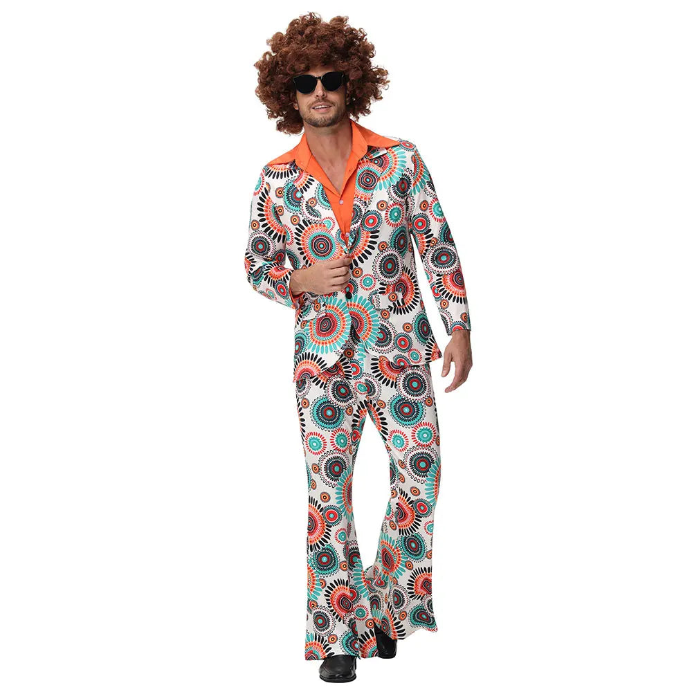 Déguisement homme disco années 80 avec chemise à motifs et pantalon patte d'éléphant coloré.