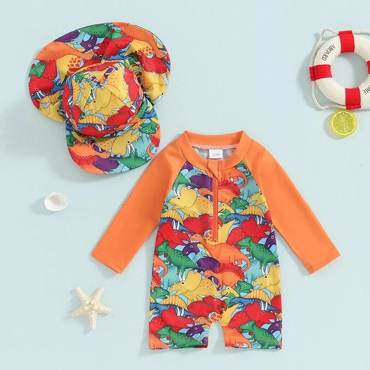 Vêtement de natation garçons avec manches longues, motifs dinosaure et tortue, pour une protection solaire optimale.