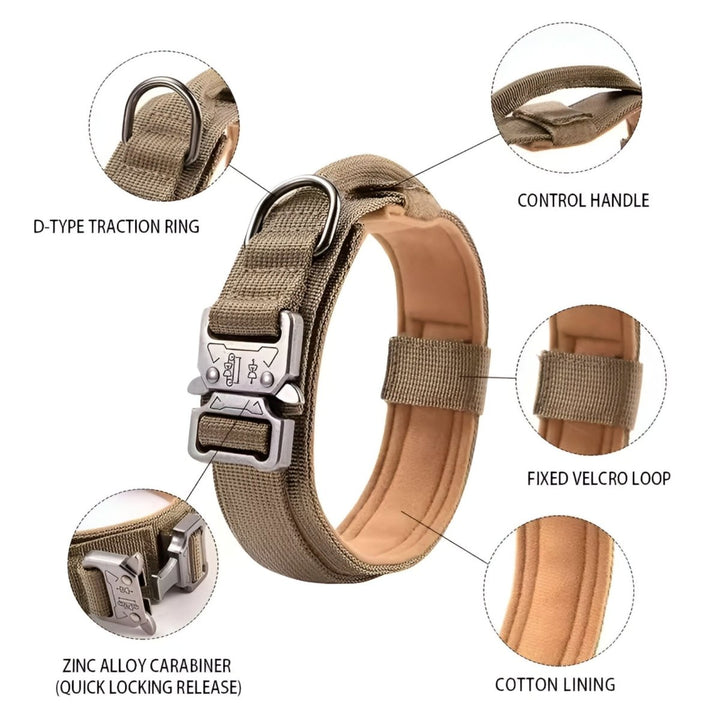 Collier TACTICALK9 robuste, conçu pour la sécurité, le confort et le contrôle des chiens actifs.