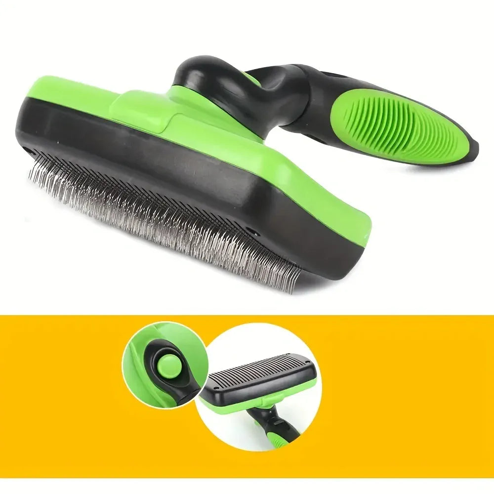 Brosse de toilettage ergonomique pour animaux, avec système autonettoyant à bouton-poussoir pour retirer facilement les poils.