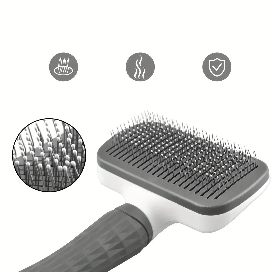 Vue produit: Brosse auto-nettoyante grise pour chiens et chats. Outil essentiel pour l'hygiène et le soin du pelage.