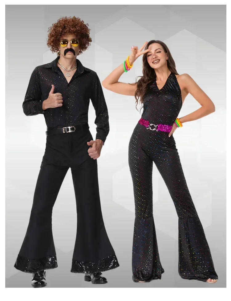Déguisement disco années 70 à paillettes, parfait pour homme et femme, ambiance fête rétro.
