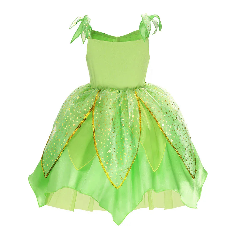 Déguisement Fée Clochette vert vif pour fille, orné de paillettes et de motifs floraux. Costume de princesse enchantée.