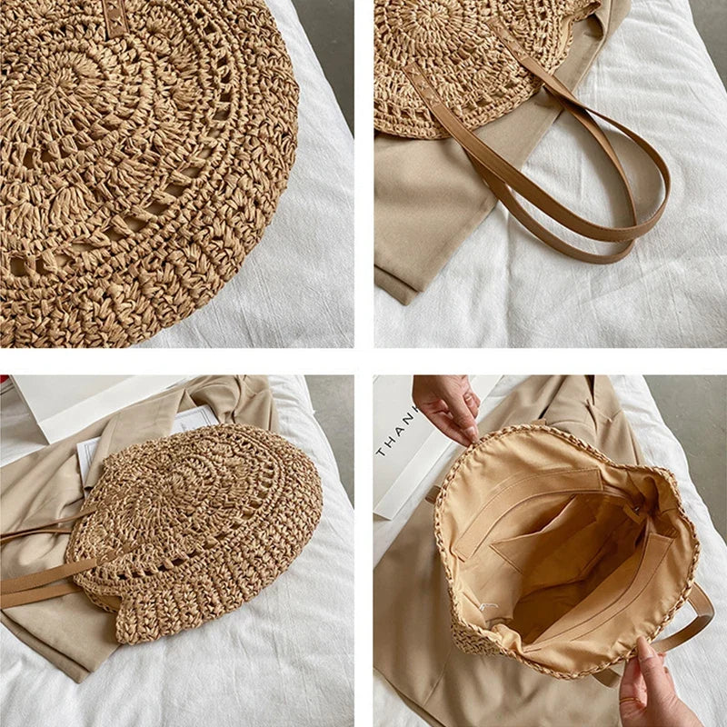 Sac femme en paille tressée, élégant et grand, parfait pour la plage, style bohème.