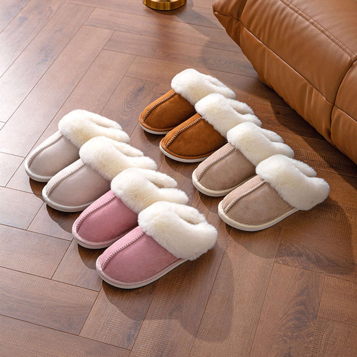 Femme portant des chaussons d'hiver élégants, profitant du confort et de la chaleur douillette à la maison.