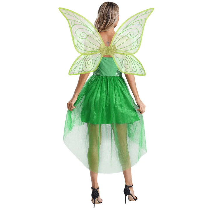 Ailes scintillantes et robe verte du déguisement de fée Clochette pour femme adulte, ambiance magique assurée.