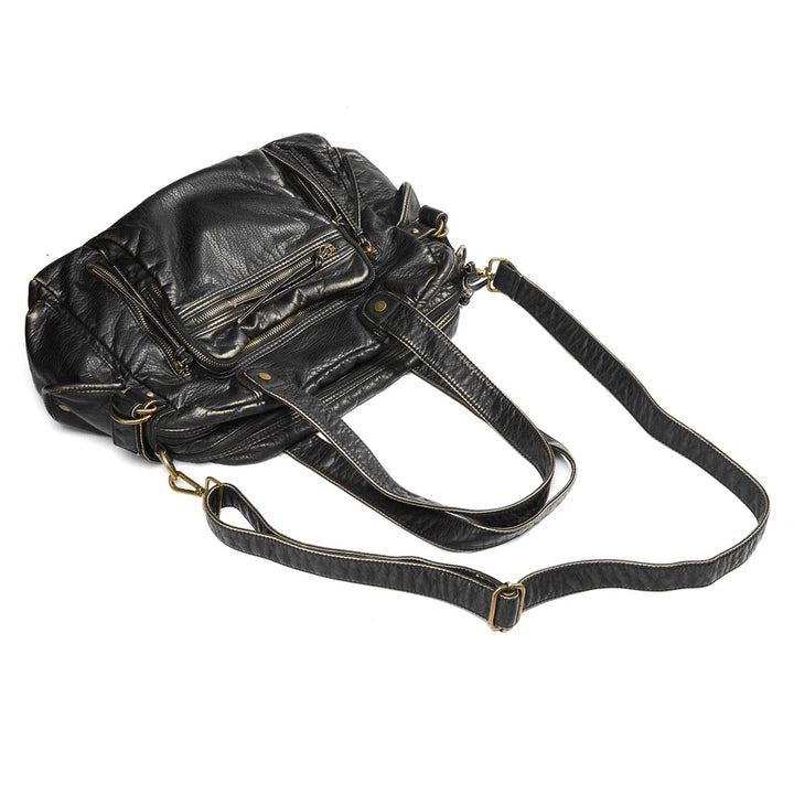 Sac à main femme vintage noir avec multiples compartiments pour organiser vos affaires de cours.