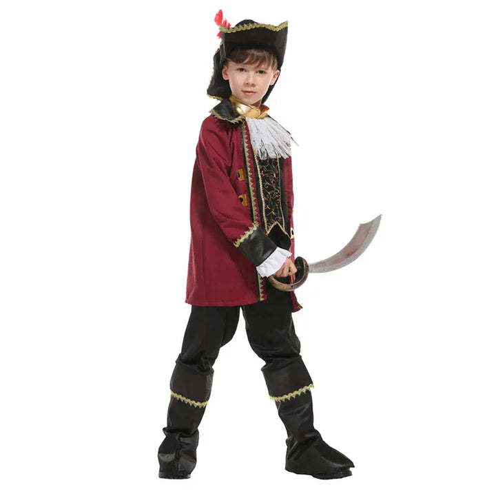 Costume d'aventure pirate capitaine pour enfant avec chapeau. Stimule le jeu de rôle et l'imagination des petits.