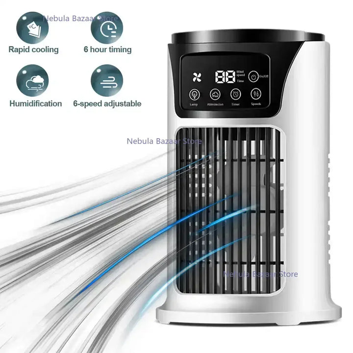 Petit climatiseur mobile pour bureau, idéal pour rafraîchir et humidifier l'air ambiant en été.