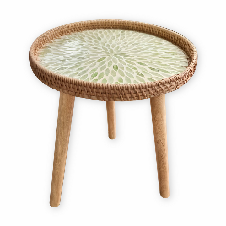 Table basse moderne ronde, plateau bois, piètement rotin, style scandi, pour votre salon.