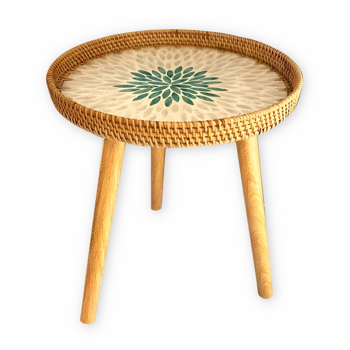 Design épuré: table basse ronde en bois et rotin, style scandi pour salon contemporain.