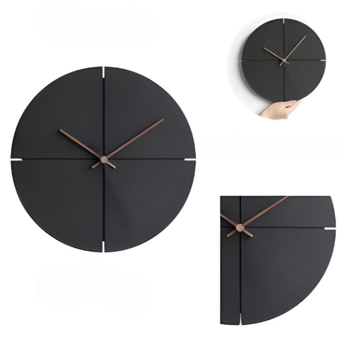 Horloge murale scandinave noire silencieuse. Design élégant, disponible en forme ronde ou carrée pour votre décor.
