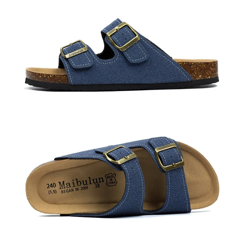 Sandales en daim confortables unisexe, couleur camel. Idéales pour l'été et les vacances avec semelle ergonomique.
