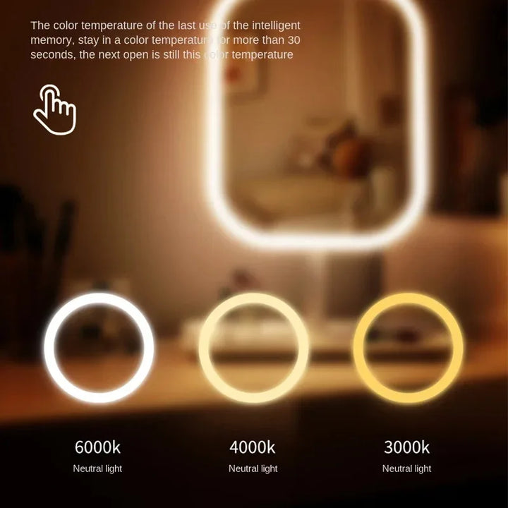 Miroir de maquillage LED pour coiffeuse, blanc. Éclairage ajustable 3 couleurs pour un look impeccable.