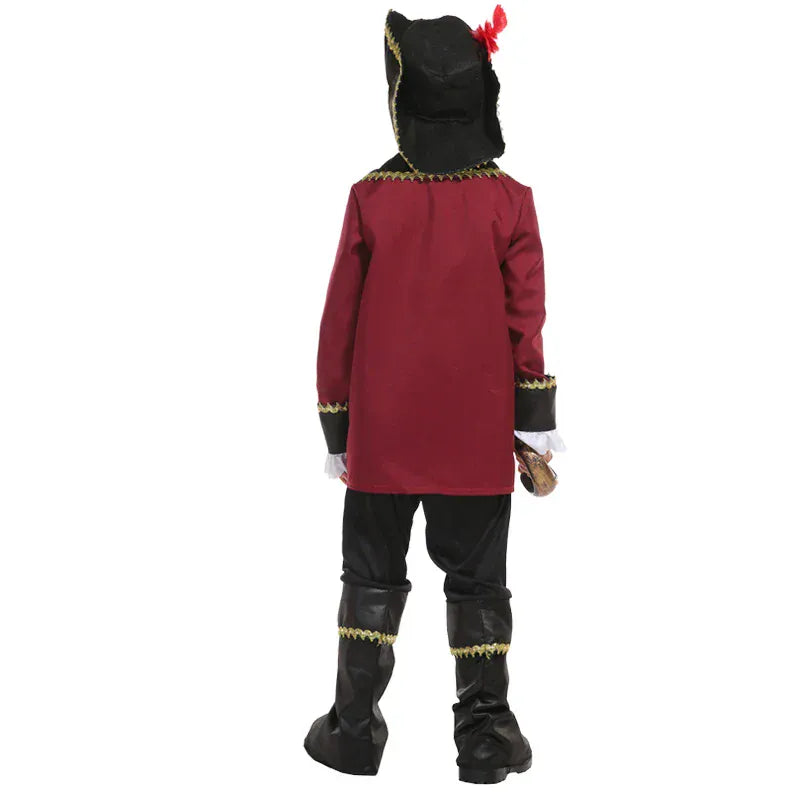 Costume pirate capitaine enfant unisexe pour garçon ou fille, incluant chapeau. Parfait pour jeu de rôle.