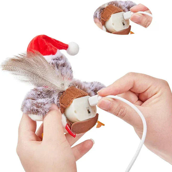 Jouet chat interactif oiseau vibrant à plumes, rechargeable USB. Capte l'attention et stimule l'instinct de chasse.