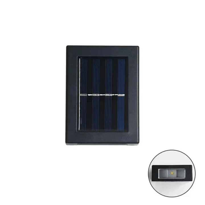 Applique murale solaire LED, vue de près, mettant en valeur son design moderne et sa fonction bidirectionnelle pour l'extérieur.
