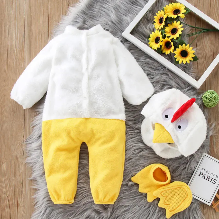 Costume bébé poussin douillet pour Halloween ou carnaval. Grenouillère confortable pour garçon/fille, avec chapeau.