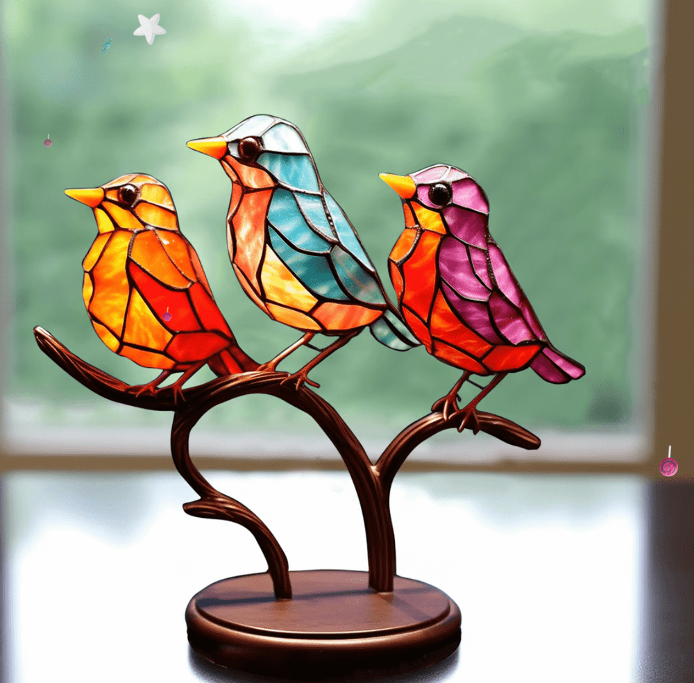 Décoration fenêtre en vitrail d'oiseaux éclatants, créant une ambiance chaleureuse avec lumière naturelle.
