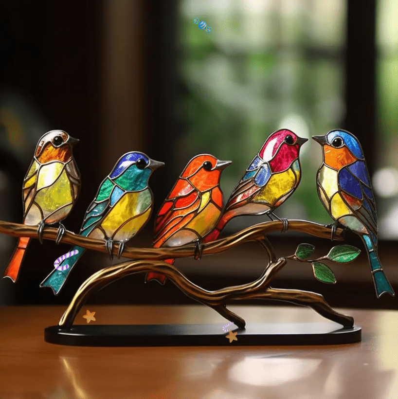 Oiseau décoratif en vitrail coloré VivaBirds pour fenêtre, apportant luminosité et touche artistique. Artisanat verre.