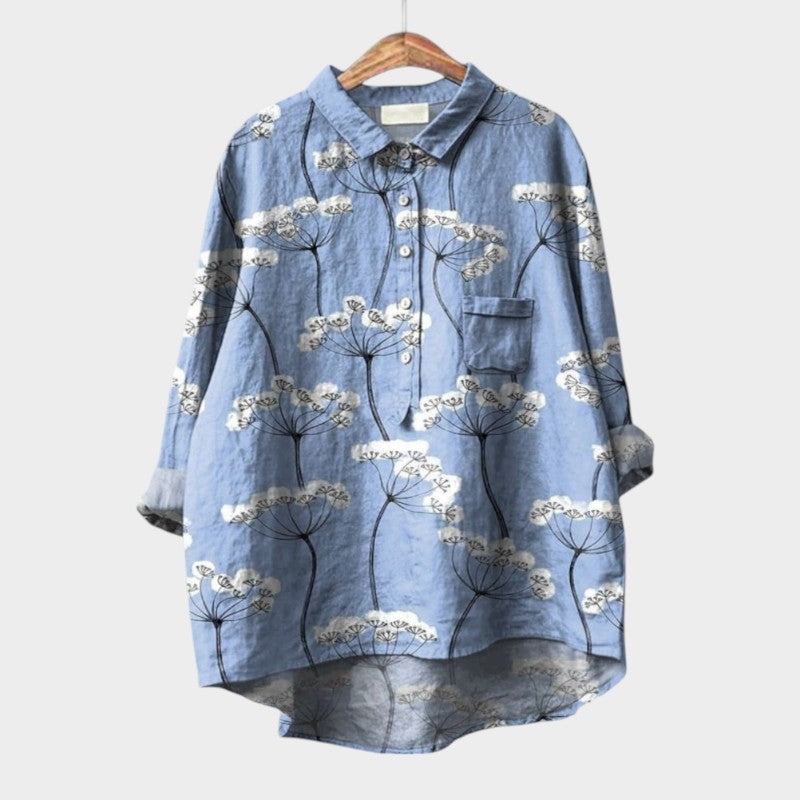 Blouse femme Nola fleurie à motif nature, élégante et confortable, idéale printemps/été.