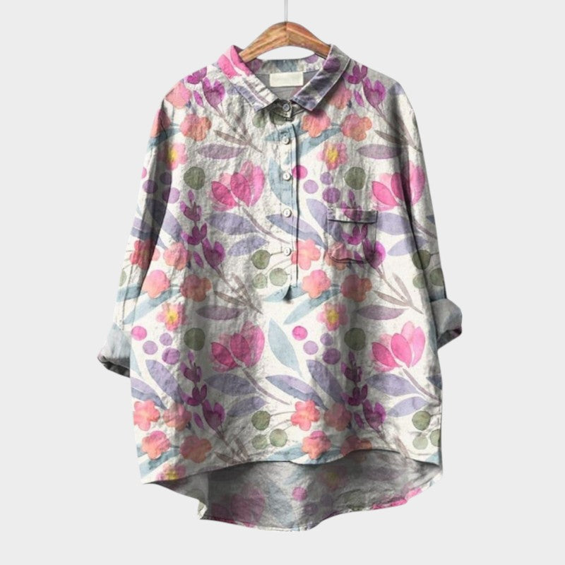 Blouse fleurie Nola chic et décontractée pour femme, avec manches longues et boutons, parfaite été.