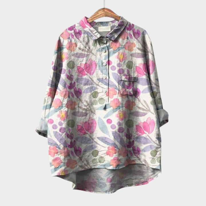 Blouse fleurie Nola chic et décontractée pour femme, avec manches longues et boutons, parfaite été.