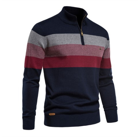 Homme en pull rayé zippé, look décontracté chic. Ce haut homme allie confort et style moderne.
