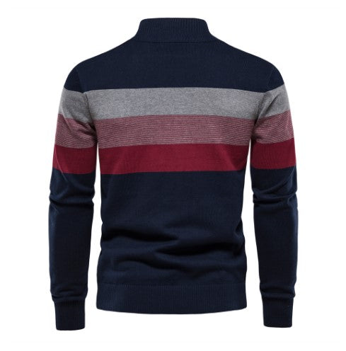Pull homme rayé, fermeture éclair, design contemporain. Essentiel mode masculine pour l'hiver.