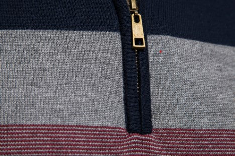 Détail motif rayé pull homme zippé, texture douce. Ce pull rayé est essentiel pour un style casual chic.