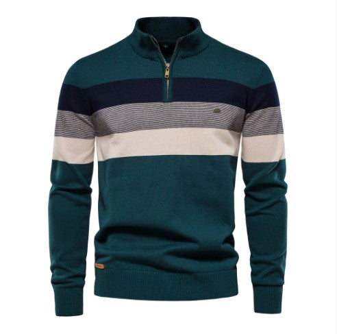 Vêtement homme : pull zippé rayé bicolore, coupe classique. Confortable et tendance pour la mode hiver.