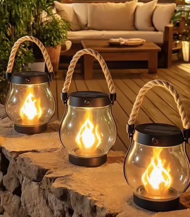 Lanterne solaire LED effet flamme vacillante, idéale pour éclairage de jardin, terrasse et balcon. Ambiance chaleureuse.