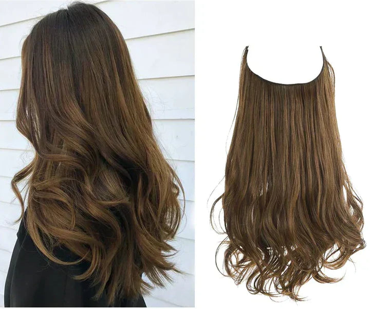 Femme avec extensions de cheveux naturels, montrant volume et longueur époustouflants.