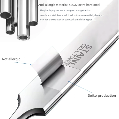 Pince à épiler professionnelle en acier inox pour extraction hygiénique des points noirs et comédons.
