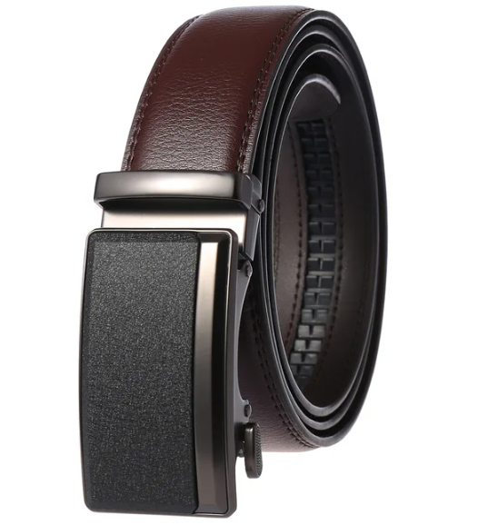 Ceinture homme luxe en cuir de vachette noir avec boucle automatique argentée. Style élégant pour mode masculine.