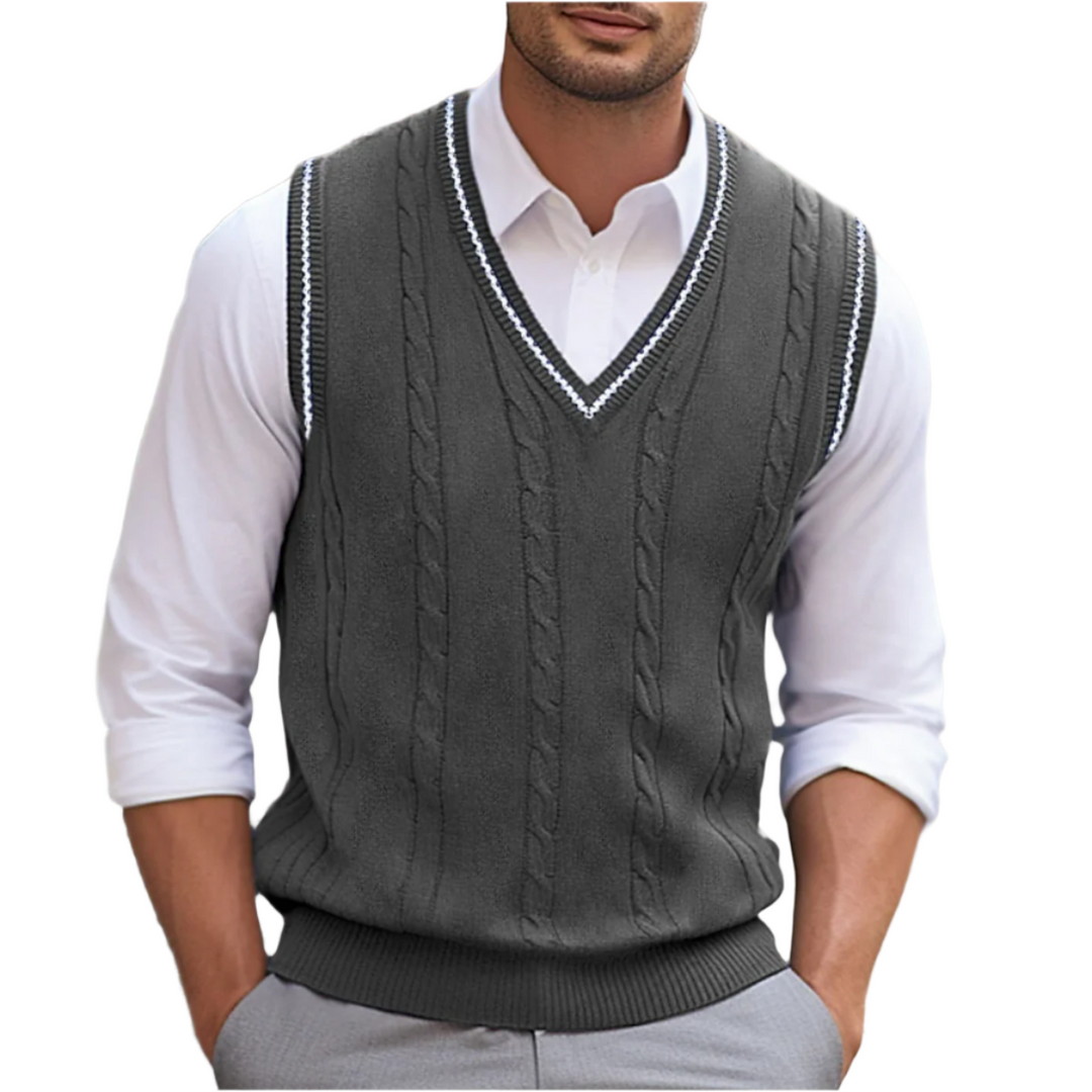 Chic pull homme sans manches col V, style moderne, parfait comme gilet ou veston pour un look soigné.