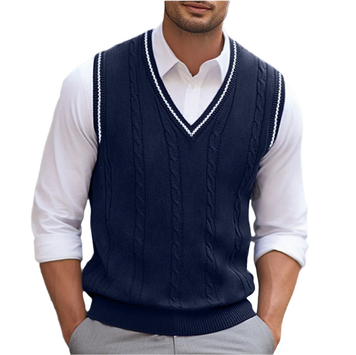 Pull homme confortable sans manches, col V classique, pour une élégance décontractée et facile à superposer.