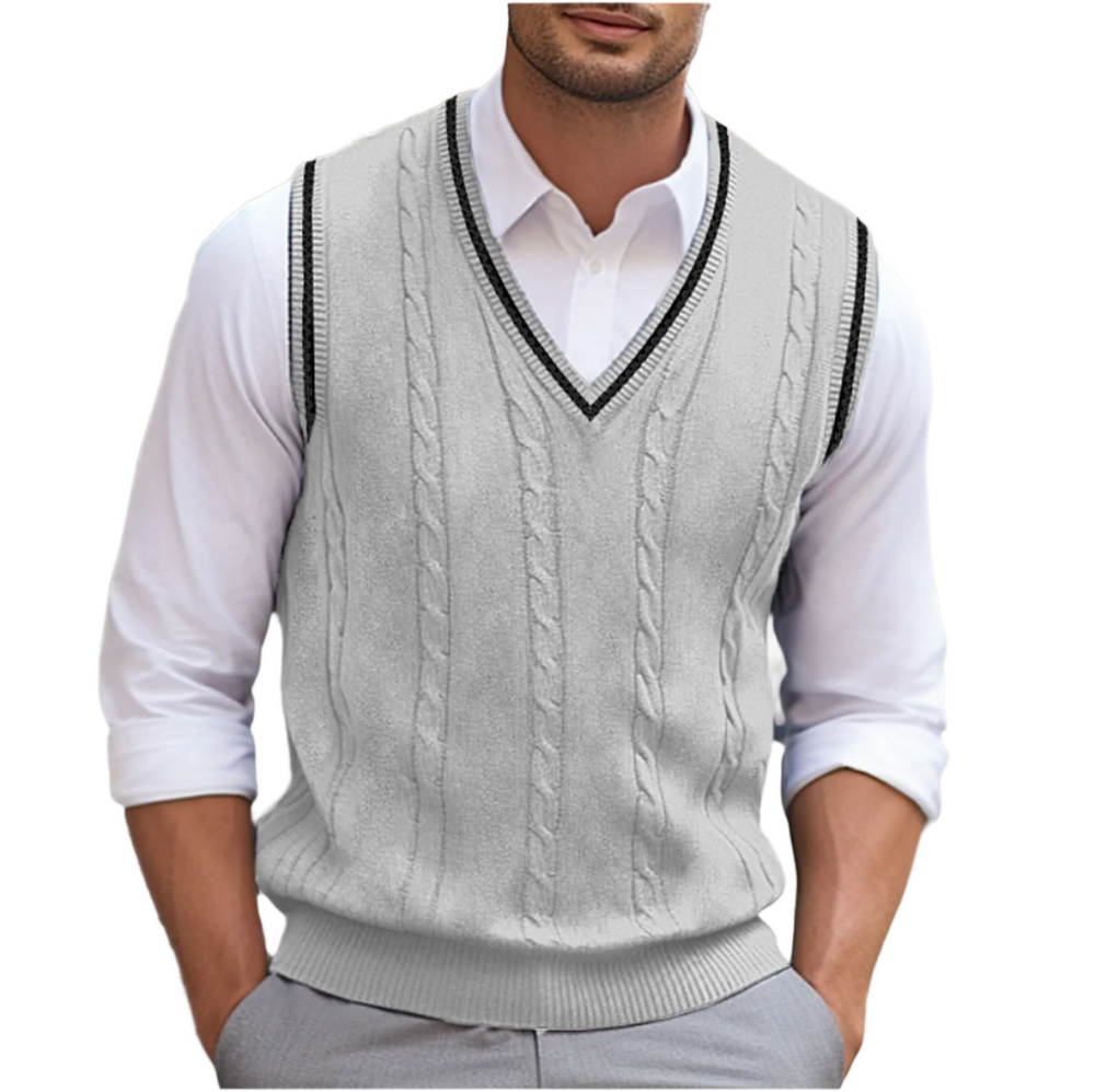 Gilet pull homme col V décontracté, sans manches, pour une superposition élégante et confortable.