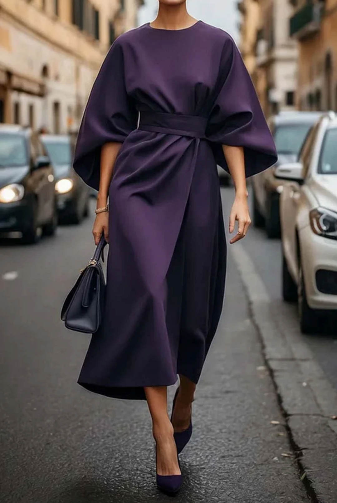 Robe longue chic pour femme, design moderne avec manches lanternes et silhouette ajustée. Confortable.